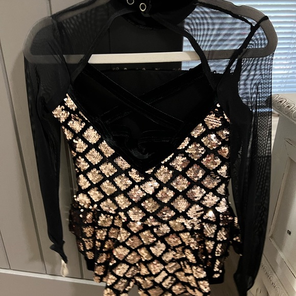 Weissman Jazz Dance Costume with Mini Skirt & Shorts Attached Gold & Black. IC - Picture 2 of 5